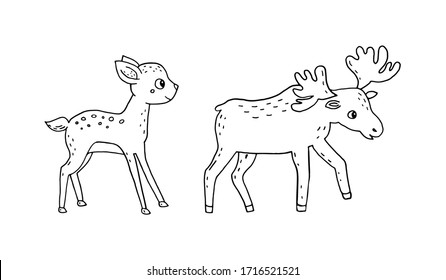 Doodle illustration of a deer and elk isolated on a white background.