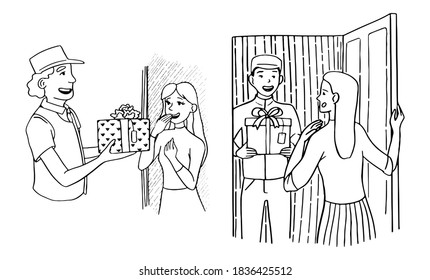 Doodle illustration of delivery man with gift box. Courier delivering order to the home of girl. Safety home delivery concept. Hand drawn vector contour drawings isolated on white. For design, logo.