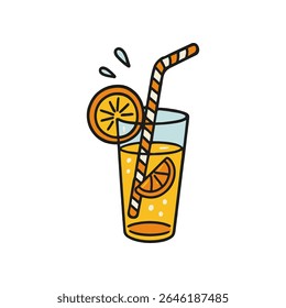 A doodle illustration depicts a glass filled with orange juice. It has a striped straw and a slice of orange. Splashes of water are on the side