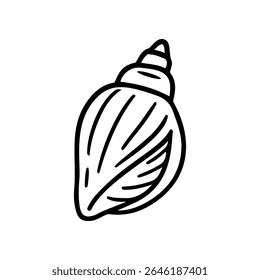 Doodle illustration depicts a seashell. It has a point at the top and lines across it. It is a vector in a hand drawn style, and would be suitable for an icon