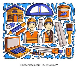 Doodle illustration designs with the theme of the architecture profession can be used for merchandise such as t-shirts, clothes, mugs, etc.