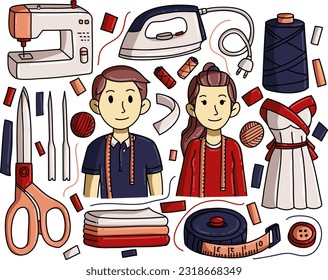 Doodle illustration designs with the theme of the tailor profession can be used for merchandise such as t-shirts, clothes, mugs, etc.