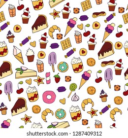 Doodle illustration of desserts and pastries. Seamless pattern with desserts. Hand drawn vector illustration made in cartoon style. Sweets and desserts. 