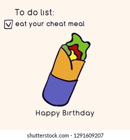 Doodle illustration of fast food.  Junk food. Eat your cheat meal. Funny birthday card. Hand drawn vector illustration made in cartoon style. 