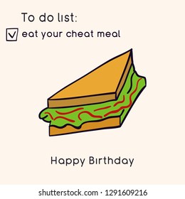 Doodle illustration of fast food.  Junk food. Eat your cheat meal. Funny birthday card. Hand drawn vector illustration made in cartoon style. 
