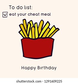 Doodle illustration of fast food.  Junk food. Eat your cheat meal. Funny birthday card. Hand drawn vector illustration made in cartoon style. 