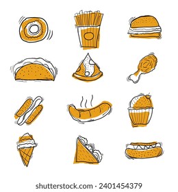 Doodle illustration of fast food symbols hand drawn style .fast food icons.