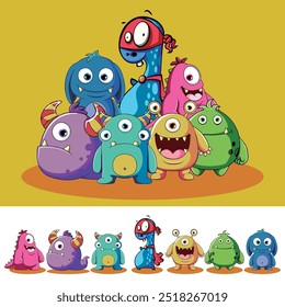 La ilustración de Doodle presenta un grupo de monstruos lindos y coloridos parecidos a extraterrestres con diferentes Formas y tamaños, cada uno con expresiones peculiares