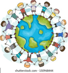 Ilustración de dibujos animados que muestran a niños con manos unidas rodeando un globo