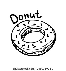 Doodle-Illustration mit einem Donut mit einer schwarzen Umrissglasur und dem süßen Namen Donut. Bild ist handgefertigt mit verschiedenen Linienstärken. Konturdarstellung zum Backen in Cafés, Bäckereien