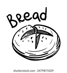 Doodle illustration featuring a loaf of black bread with a black outline, the sweet name bread. Image is handmade with different line thicknesses. Contour illustration for baking in cafes, bakeries