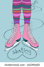 Doodle illustration with female legs in striped tights and skates