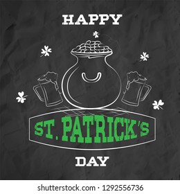 Doodle illustration of festival elements on chalkboard background for Happy St Patricks Day template or poster design.