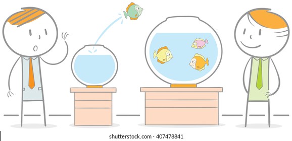 Doodle illustration of a fish jumping out to another fish bowl