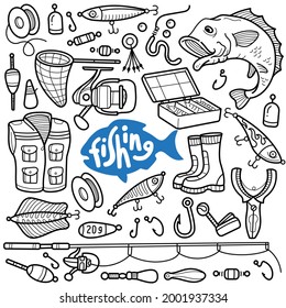 Doodle illustration of fishing activity equipments and tools such as vest, fishing net, fishing hook, rod, bait, boots, fishing reel etc. Black and white line illustration.