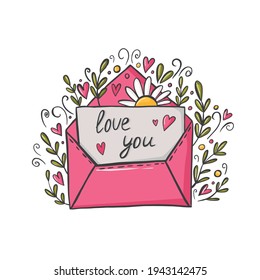 Doodle illustration with flowers in an envelope. Flower arrangement, Card with love massage.