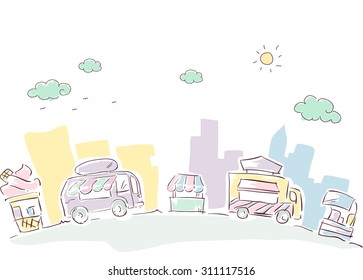 Doodle Illustration Of Food Carts And Trucks Lined Up In A Street