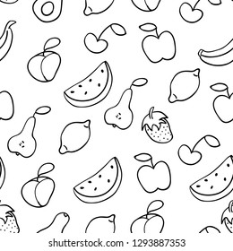 Doodle illustration of fruits. Seamless pattern with fruits. Hand drawn vector illustration made in cartoon style. Apple, banana, watermelon, peach, strawberry, pear, lemon. 