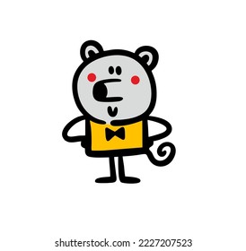 Doodle illustration of funny  mouse with curly tail. Vector hand drawn picture of party animal costume for children party. 