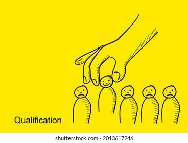 Ilustración de garabato de mano gigante recogiendo a un hombre de un grupo de personas, ilustración vectorial. Concepto de contratación