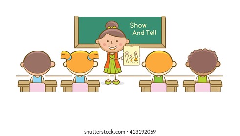 Doodle illustration: Girl in front of a class showing her draw of her family