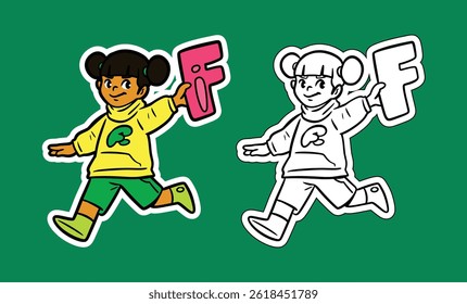 Doodle Illustration of a Girl Holding the Letter F