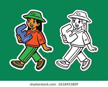 Doodle Illustration of a Girl Holding the Letter E