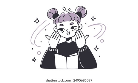 Doodle Illustration of a girl with purple hair buns, open book, and happy expression. Pastel color palette and whimsical design. Great for educational apps, kids' content, and learning resources.