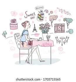 Doodle illustration with a girl sitting by the table, flowers, sweets, coffee, pink color. Paris mood.