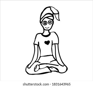 Doodle illustration of a girl sitting in lotus position in the morning after a shower with a towel on her head and cucumbers on her eyes. Vector illustration isolated on white background for good hab