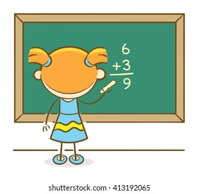 Doodle illustration: Girl solving a math question  on a chalkboard
