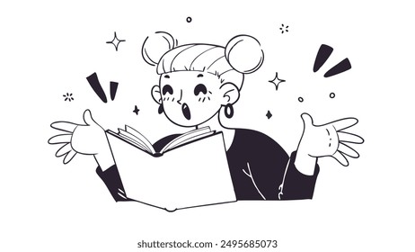 Doodle Illustration of a girl with twin buns, open book, and surprised expression. Monochrome colors, cartoon style. Ideal for storytelling apps, educational content, or comics.