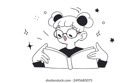 Doodle Illustration of a girl with twin buns and glasses, reading intensely. Monochrome colors, cartoon style. Great for educational content, study apps, or comic strips.