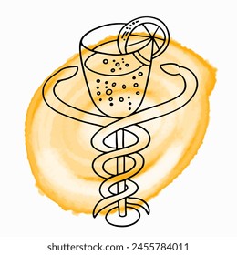 Doodle illustration of a glass with a drink and two snakes.Vector clipart concept line isolated on white bkgr.B and W design for poster,card,label,sticker,t-shirt,web,print,stamp,tattoo,etc.
