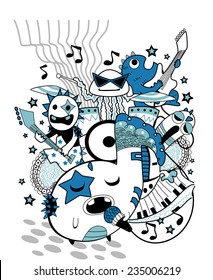 Doodle Illustration of a Group of Cute Monsters Playing in a Band
