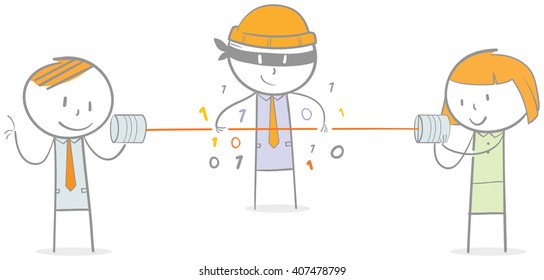 Doodle illustration of hacker hijacking a communication