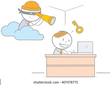 Doodle illustration of hacker spying on businessman computer