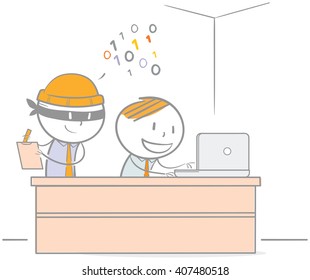 Doodle illustration of hacker stealing a password from a businessman
