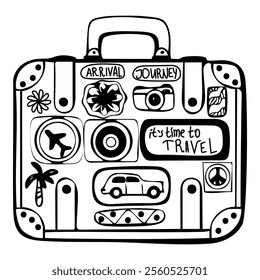 Doodle illustration of a hand drawn suitcase adorned with travel themed stickers, including a plane, car, peace symbol