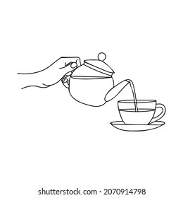 Doodle illustration of hand pouring tea from teapot into the cup. Hand drawn illustration of teapot and cup. Pouring tea into the cup. Doodle illustration of coffee pot with drinking glass.