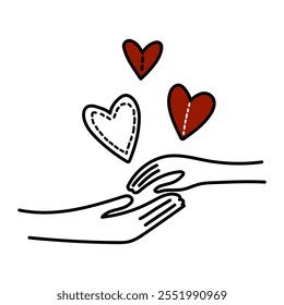 Doodle illustration hands lovers and hearts. For use in Valentine Day card, romantic invitation, relationship-themed design, or social media posts expressing love and care. Vector illustration