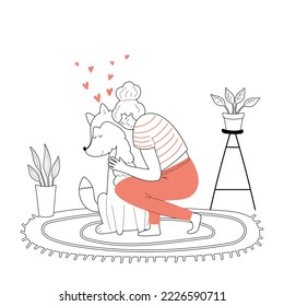 Doodle illustration of a happy woman hugging a dog.Concept of love for pets and friendship between animal and person,adopt don't shop