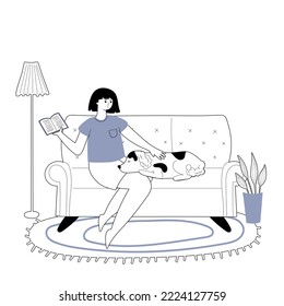 Doodle illustration of a happy woman sitting on the sofa with her dog,reading a book.Concept of relaxing at home and love for pets