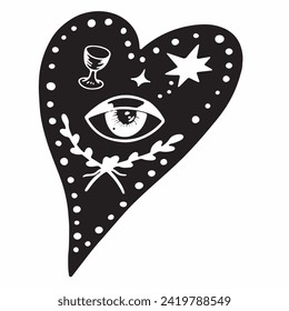 Doodle illustration heart with eye,cup,plants,star.Vector clipart concept line isolated on white bkgr.B and W design for poster,postcard,label,sticker,t-shirt,web,print,stamp,tattoo,etc.