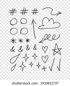 Doodle illustration. Hipster black Ink art work. Cute vector illustration. Hand Drawn set of stars, cloud 