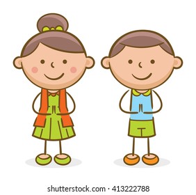 Doodle illustration: Hispanic kids making a greeting gesture and smiling