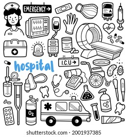 Doodle Illustration Of Hospital Objects Such As Ambulance, Oxygen Mask, Heart Monitor, Blood Transfusion, Medical Box, Syringe, Wheel Chair, Radiology Room Etc. Black And White Line Illustration.