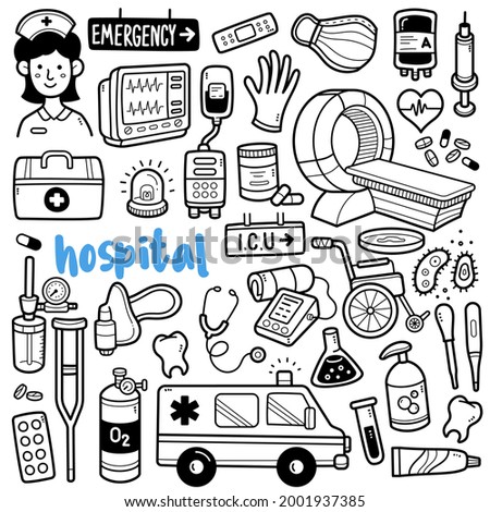 Doodle illustration of hospital objects such as ambulance, oxygen mask, heart monitor, blood transfusion, medical box, syringe, wheel chair, radiology room etc. Black and white line illustration.