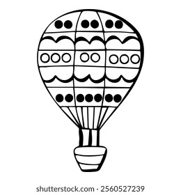 Doodle illustration of a hot air balloon with intricate patterns, bold outlines, and a basket beneath, creating a playful design.