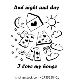 Doodle illustration house pajamas night day slippers socks stars love in simple things can be used as a print